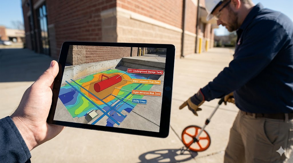 A digital tablet displaying a 3D environmental map of underground storage tanks and vapor intrusion risk zones over a physical commercial property site during a Phase 1 ESA.
