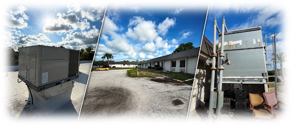 Property Condition Assessment banner showing rooftop HVAC equipment, a commercial building exterior, parking areas, and mechanical systems that may affect cap rates and investment returns