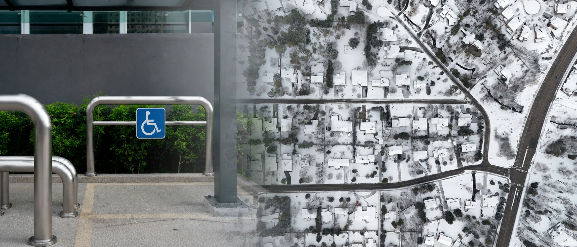 ADA accessibility features and aerial land-use patterns represent commercial property accessibility inspections and zoning due diligence reviews.