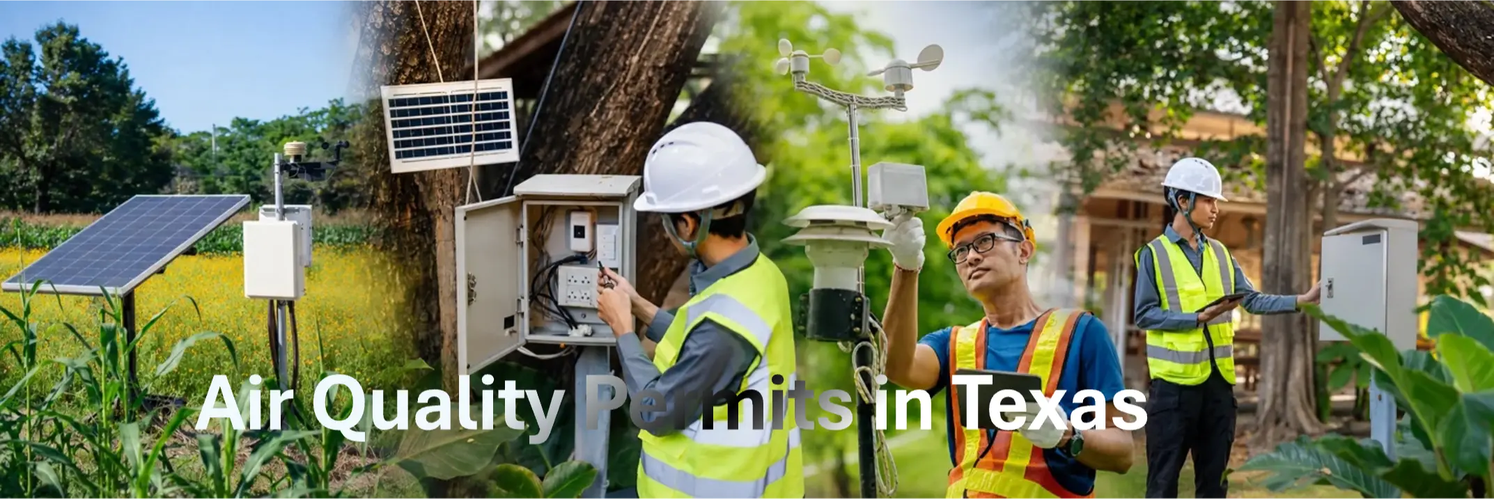 Environmental professionals inspecting air monitoring equipment for Air Permits in Texas, Title V air permitting, and TCEQ air quality compliance.