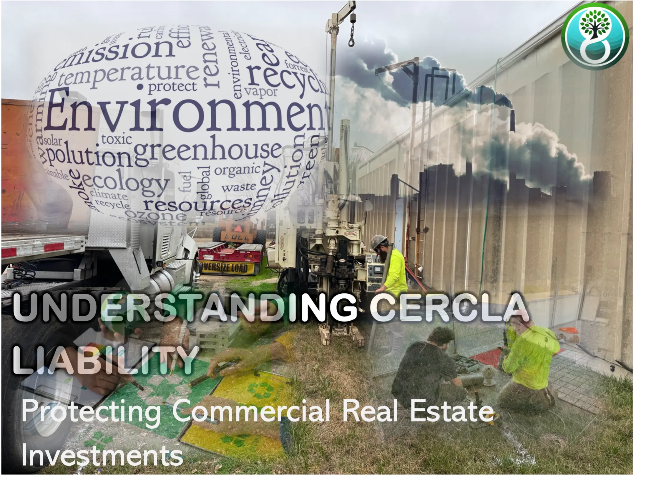 CERCLA environmental liability concept illustrating pollution, recycling, greenhouse emissions, ecology, and environmental protection