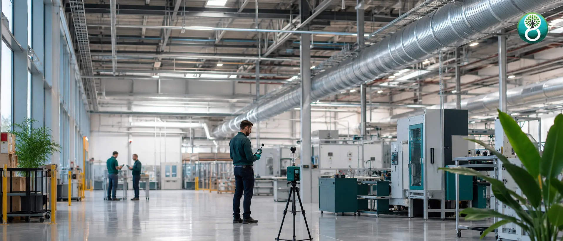 Environmental professionals performing commercial indoor air quality testing inside a modern industrial facility using air monitoring equipment.