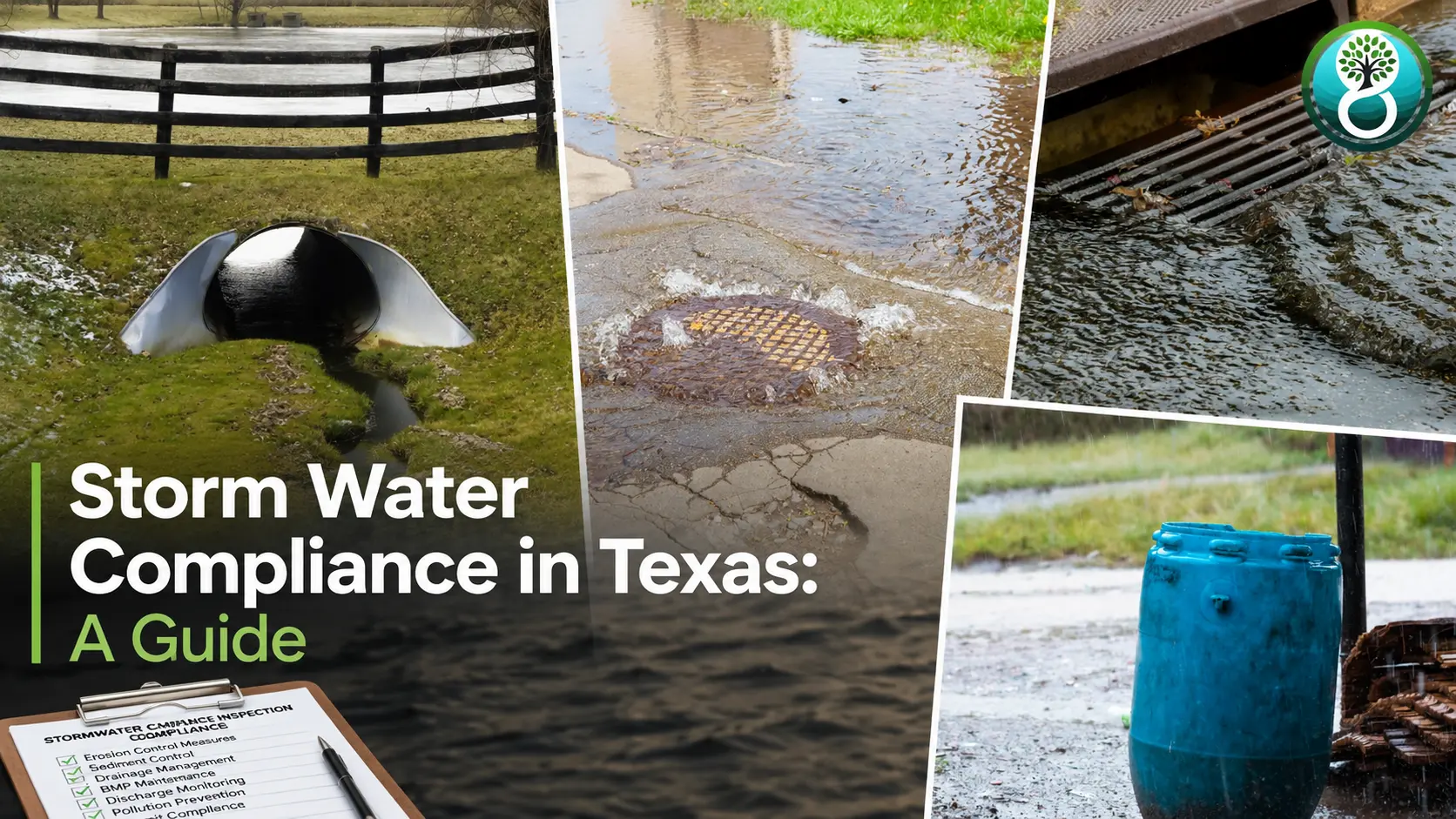Storm water compliance in Texas showing runoff flowing through a culvert, flooded pavement, a storm drain, and a rain barrel.