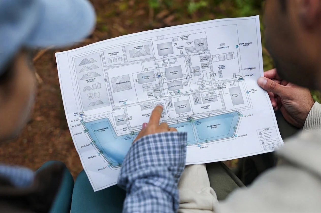 Environmental professionals review a commercial facility site plan to evaluate stormwater drainage, runoff controls, and regulatory compliance.