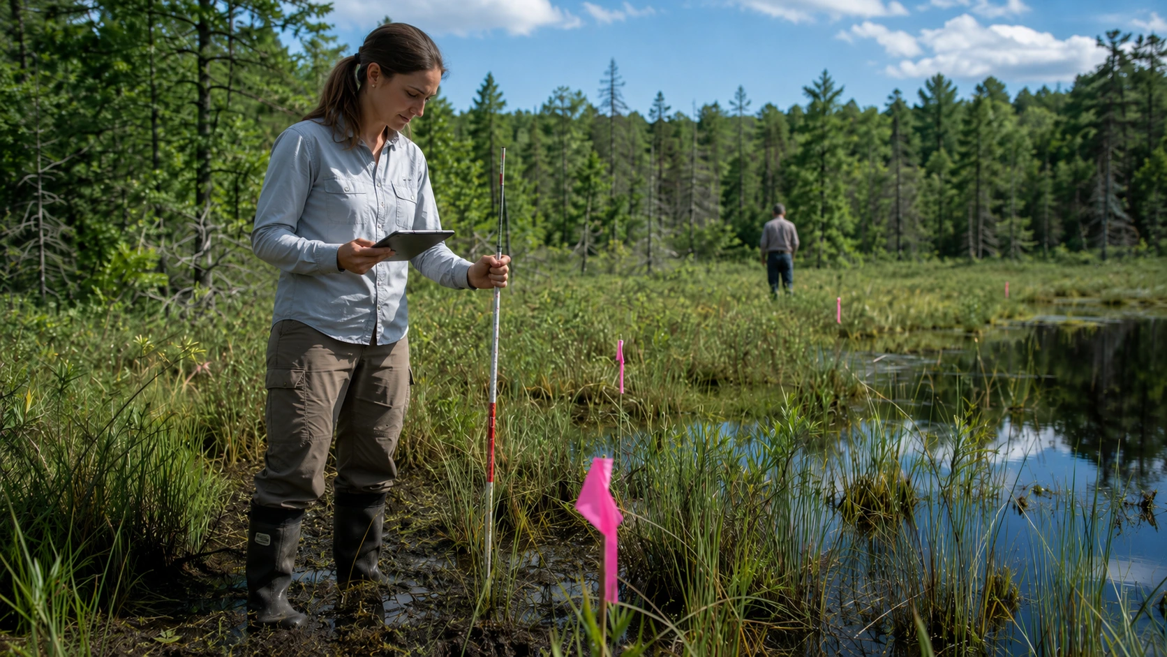 Environmental professionals conduct a wetland delineation study by documenting vegetation, hydrology, soil conditions, and wetland boundaries.