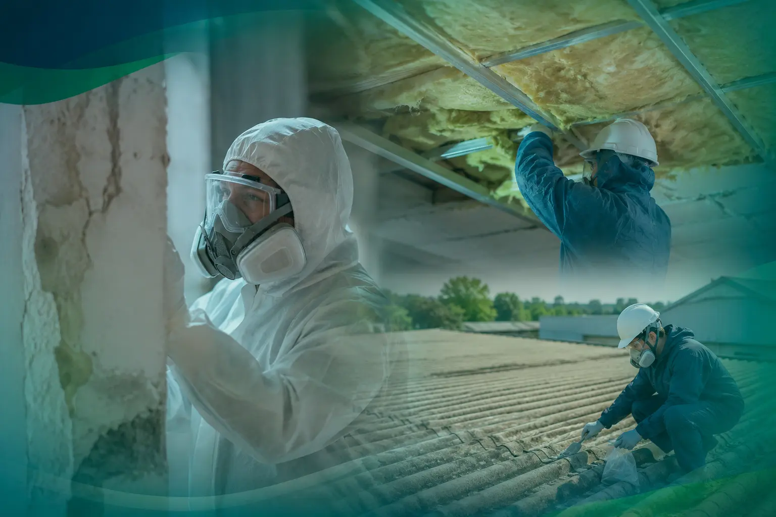 Commercial asbestos inspectors wearing protective equipment examining insulation, roofing, and building materials at a property in Houston, Texas.