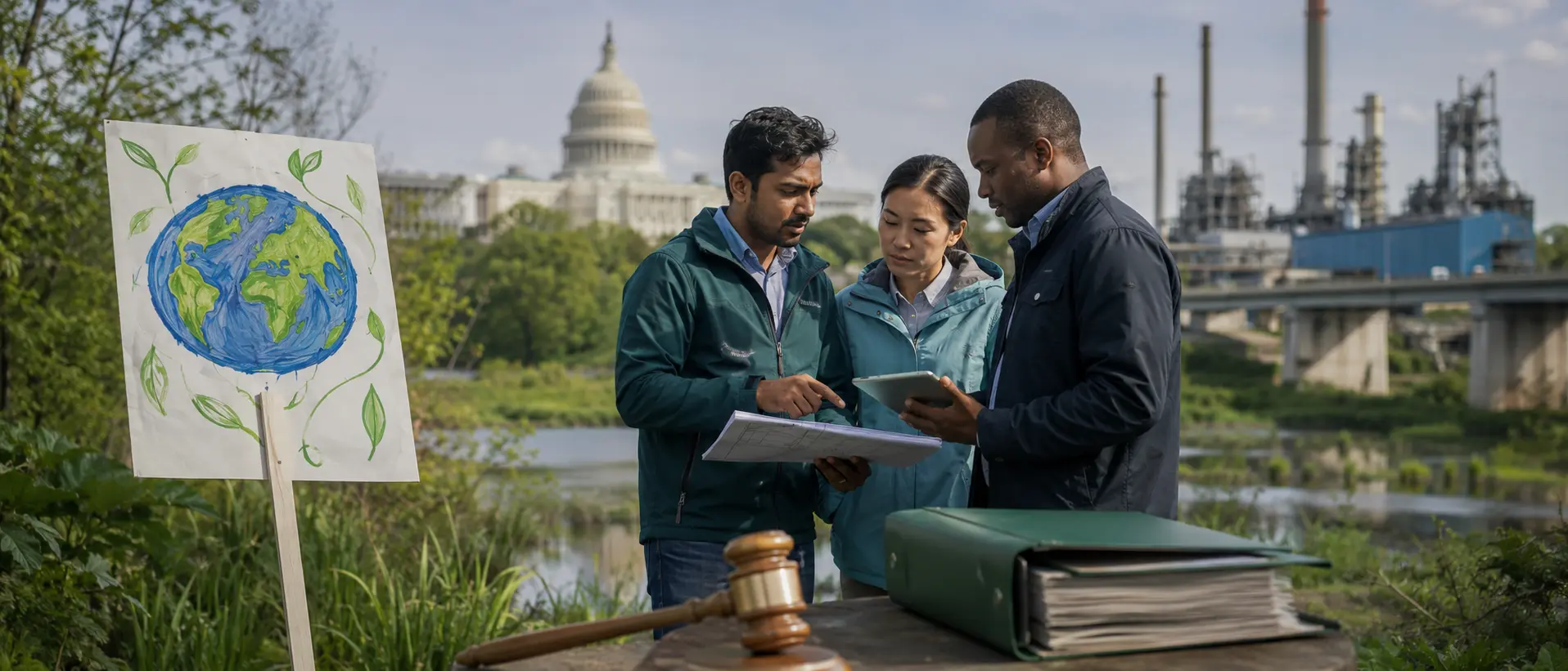 NEPA environmental review showing federal government involvement, industrial development, wetlands, and environmental consultants evaluating project impacts.