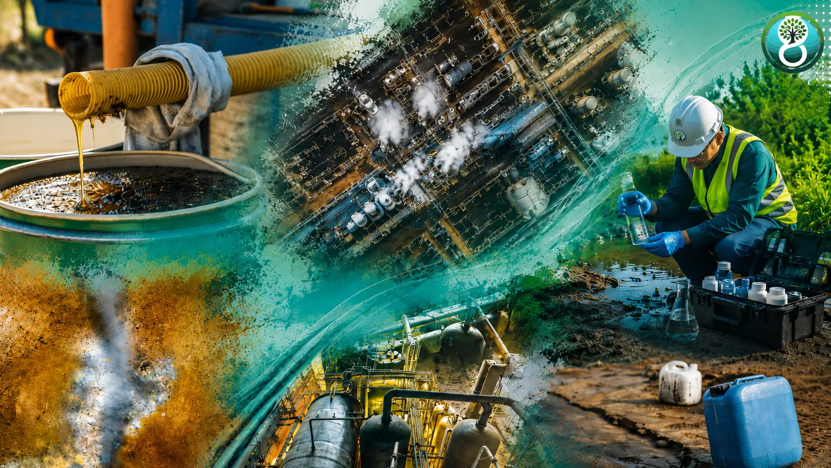 PFAS due diligence for an industrial property showing environmental sampling, contaminated soil and water, chemical storage, and industrial facilities.