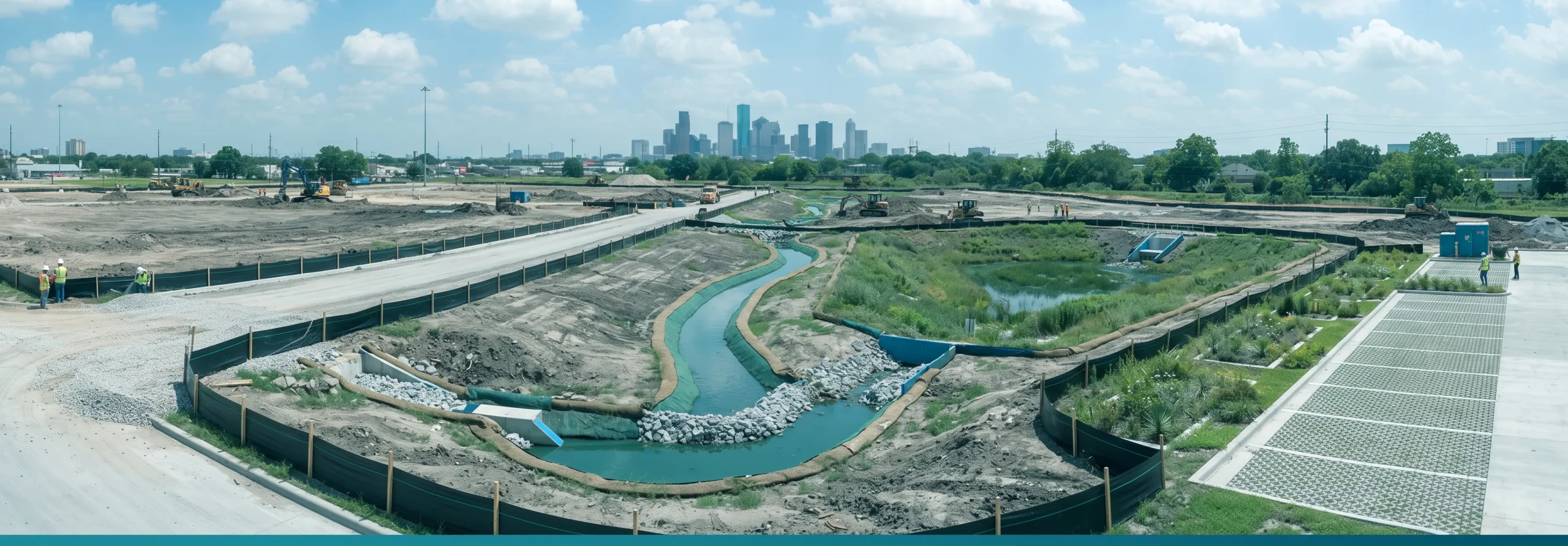 Construction site in Houston featuring erosion and sediment controls, silt fences, and drainage management for stormwater pollution prevention compliance.