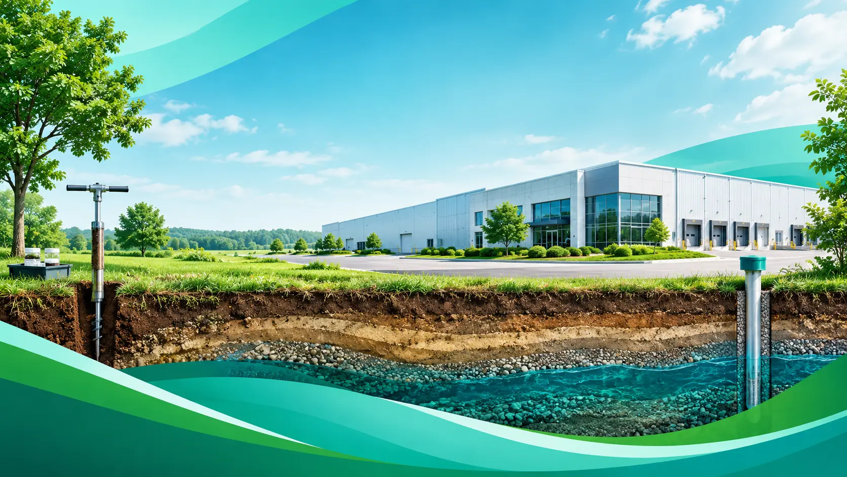 Environmental due diligence for commercial properties, illustrating an industrial facility, soil layers, and groundwater monitoring wells.