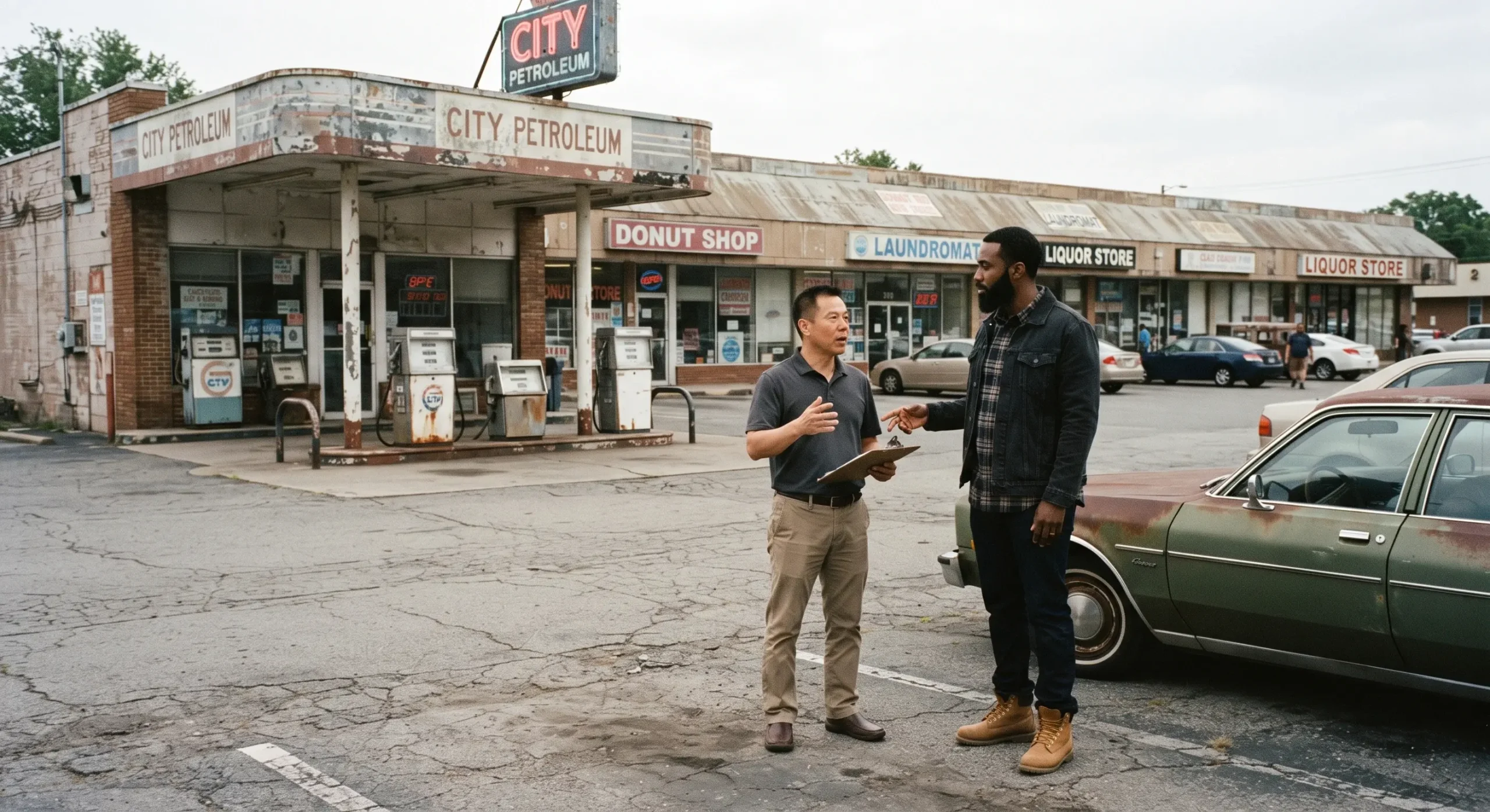 Environmental consultant and property representative discussing historical site conditions during a Phase 1 Environmental Site Assessment at an older strip mall gas station.