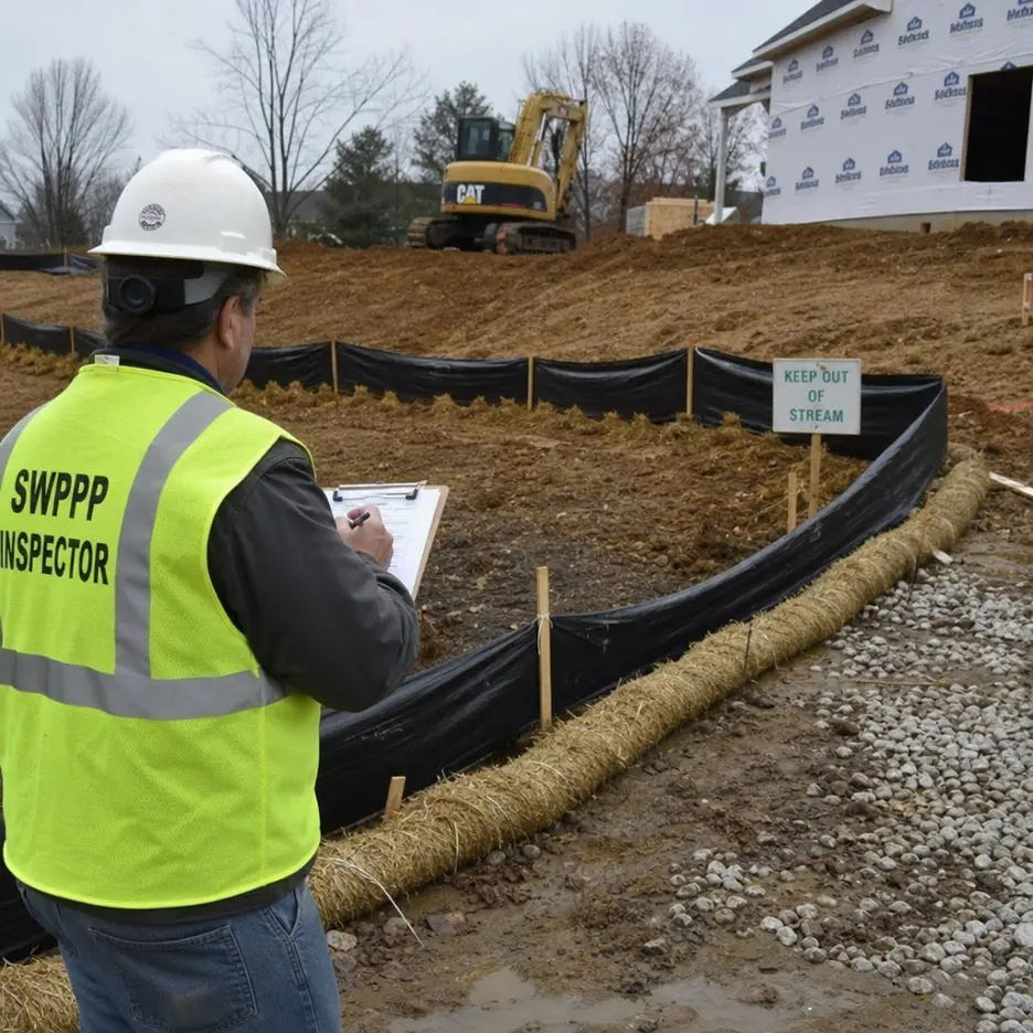 SWPPP inspector documenting erosion and sediment controls at a construction site with silt fencing, straw wattles, and excavating equipment.