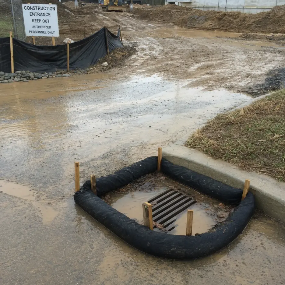 Storm drain inlet protected by a sediment control barrier at a muddy construction site with stormwater runoff and perimeter silt fencing.