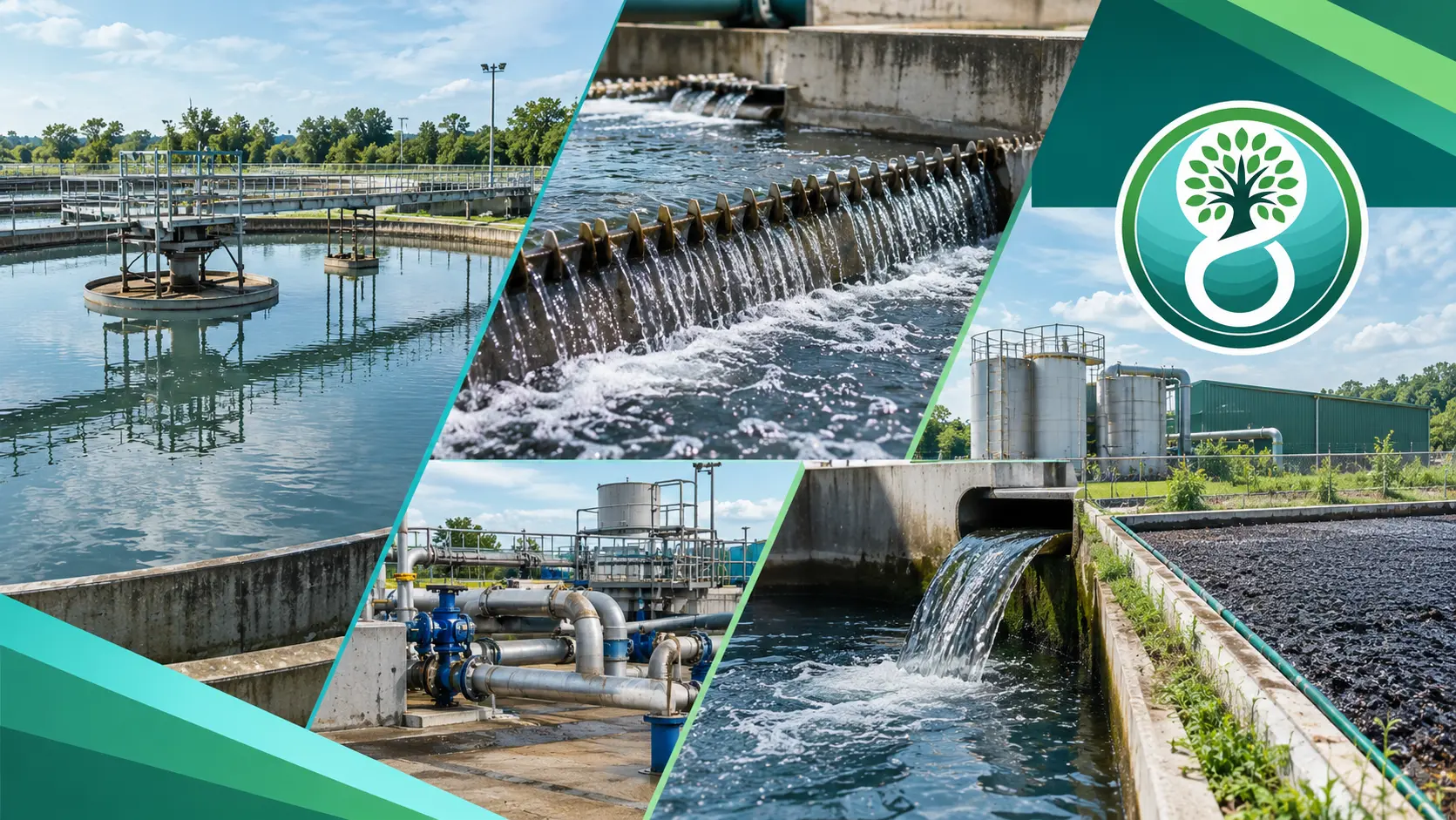 Collage of wastewater treatment facilities showing settling tanks, water filtration channels, industrial pipes, treatment basins, and treated water discharge.
